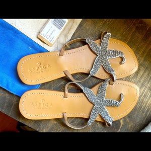 Aspiga Women's silver Malibu Starfish Thong Style Beaded Leather Sandals Size 42